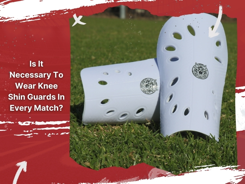 White knee shin guards on grass with a red football-themed background and text about wearing shin guards.